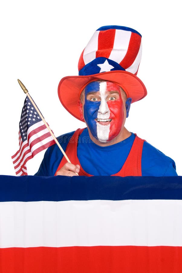 A man celebrates July fourth with face paint and colorful clothing. A man celebrates July fourth with face paint and colorful clothing.