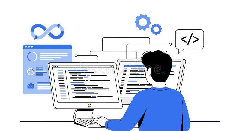 Flachdesign-Illustration des Entwicklers am Arbeitsplatz mit zwei Monitoren und abstrakten Coding-Icons vektor abbildung