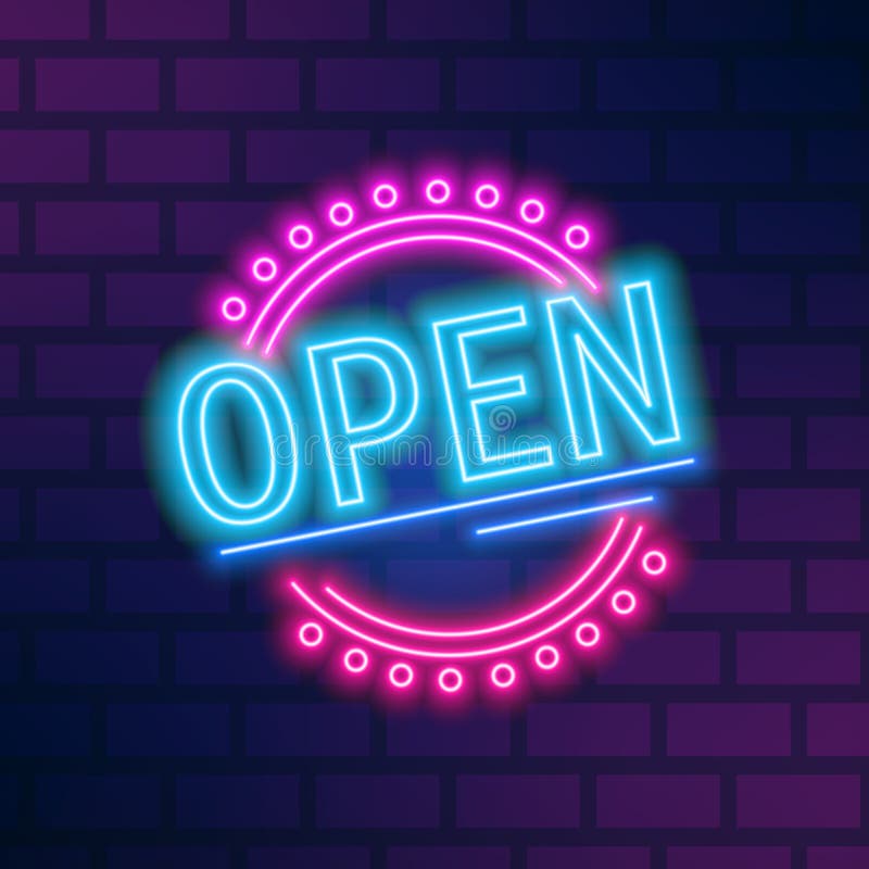 Flache Abbildung des bunten Neonvektors des schildes Open. Helle glühende Billigung im Kreis mit Gestaltungselementen vektor abbildung