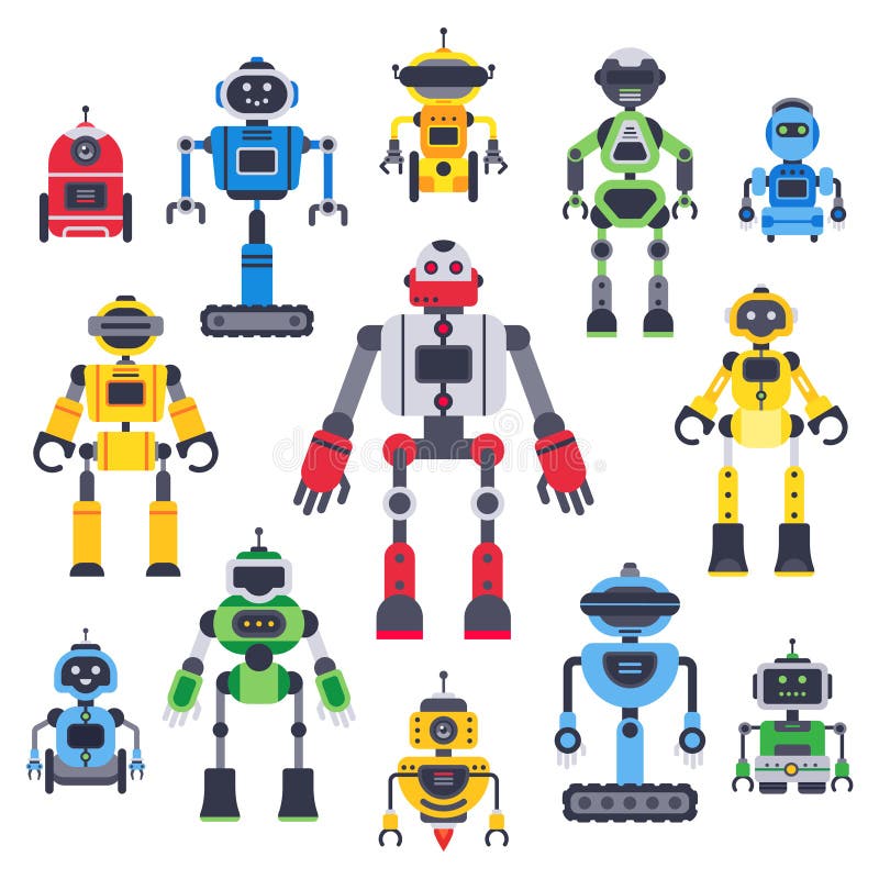 Flat bots and robots. Robotic bot mascot, humanoid robot and cute chatbot, chatter assistant icon for social problems, assistance ai online calls colorful vector flat characters isolated sign set. Flat bots and robots. Robotic bot mascot, humanoid robot and cute chatbot, chatter assistant icon for social problems, assistance ai online calls colorful vector flat characters isolated sign set