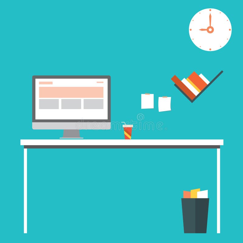 Flache Designvektorillustration des modernen Innenministeriuminnenraums mit dem Designerdesktop lizenzfreie abbildung Flache Designvektorillustration des modernen Innenministeriuminnenraums mit dem Designerdesktop lizenzfreie abbildung