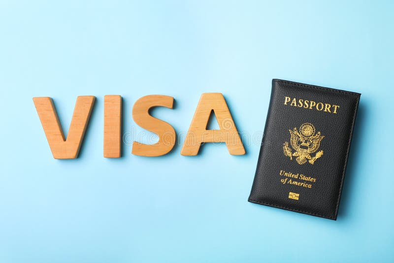 Flache gelegte Zusammensetzung mit Wort VISUM und Pass von USA lizenzfreie stockfotografie Flache gelegte Zusammensetzung mit Wort VISUM und Pass von USA lizenzfreie stockfotografie