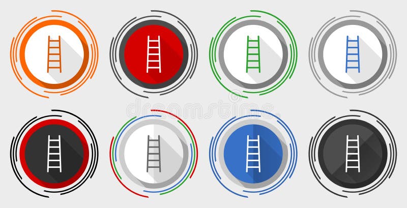 Flache Grafik des modernen Entwurfs des Leitervektorikonensatzschrittaufstiegswerkzeugniveaus in 8 Optionen für Webdesign und mobile Anwendungen.