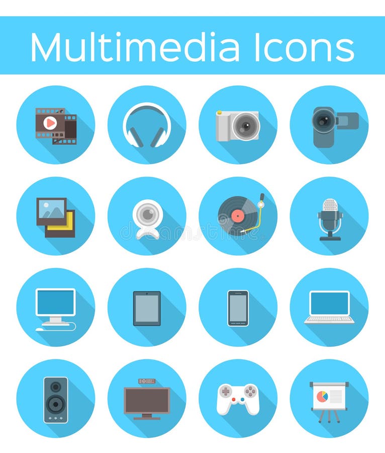 Set of modern flat vector multimedia icons in blue circles with long shadows.Conceptual symbols of audio, video, web and mobile devices. Set of modern flat vector multimedia icons in blue circles with long shadows.Conceptual symbols of audio, video, web and mobile devices