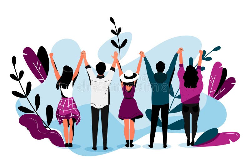 Flache Illustration des Freundschaftsvektors glückliche Freunde, die zusammen umarmen Junge Leute haben ein Spaßereignis zusammen lizenzfreie abbildung