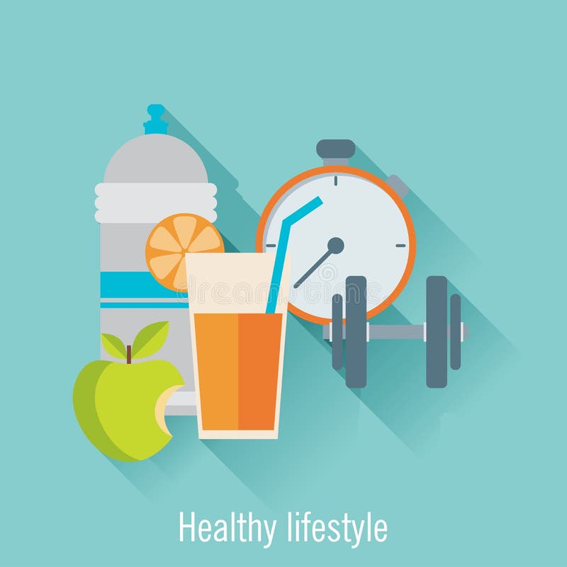 Healthy lifestyle flat illustration. Food, water and sport. Healthy lifestyle flat illustration. Food, water and sport.