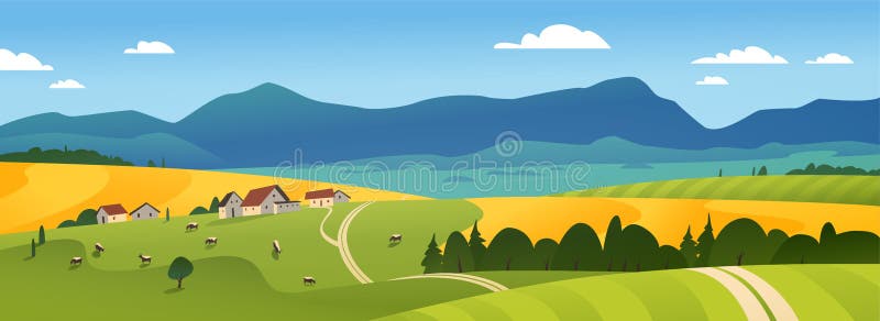 Flache Illustration des Vektors Landschaftsder Sommerlandschafts-Naturansicht: Himmel, Berge, gemütliche Dorfhäuser, Kühe, Felder