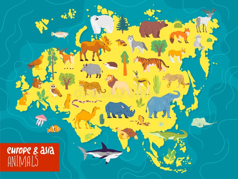 Flache Illustration des Vektors von Europa- u. Asien-Kontinent, von Tieren u. von Anlagen: Eisbär, Elch, Eichhörnchen, Wolf, Elef