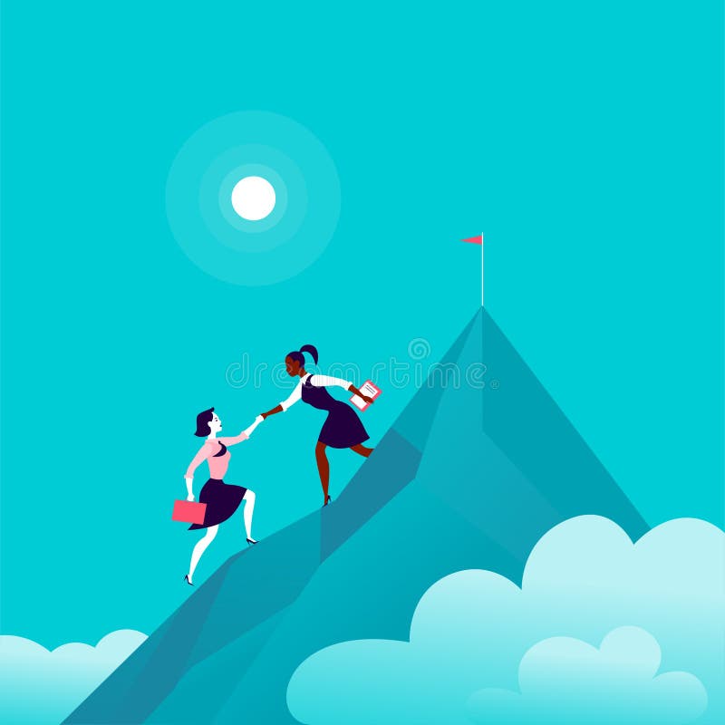 Flache Illustration mit den Geschäftsdamen, die zusammen auf die Bergspitzeoberseite auf blauem bewölktem Himmelhintergrund klett