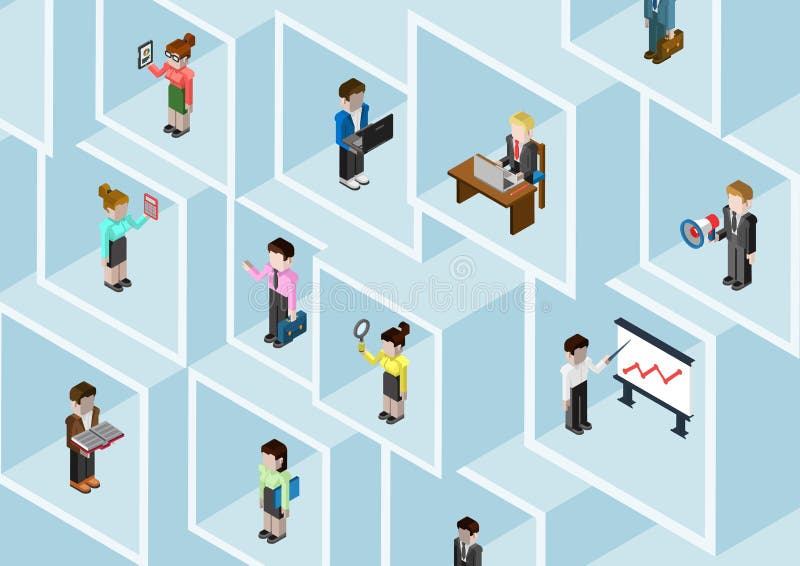 Flat 3d isometric business people professional diversity web infographic concept vector. Different professions businessman businesswoman in square room slots wall. Secretary, manager, bookkeeper etc. Flat 3d isometric business people professional diversity web infographic concept vector. Different professions businessman businesswoman in square room slots wall. Secretary, manager, bookkeeper etc.