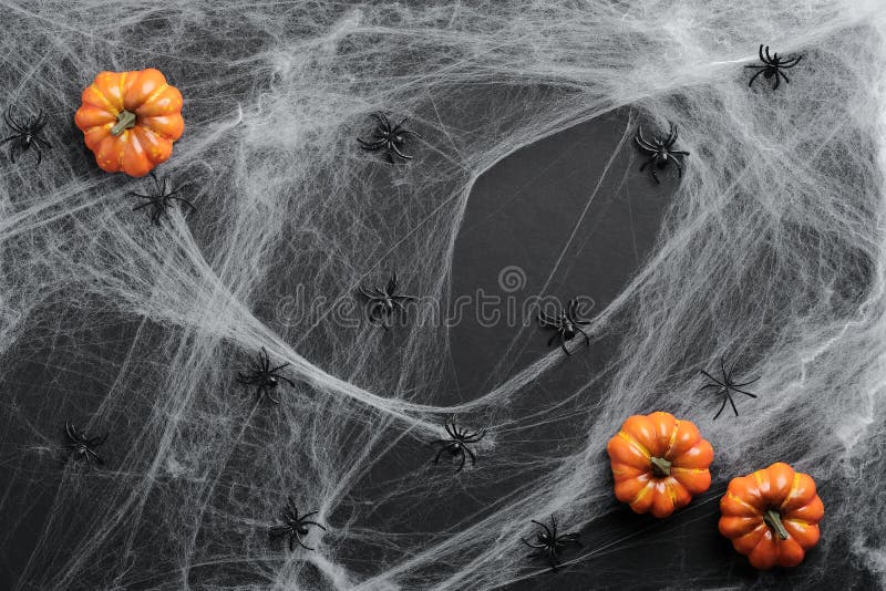 Flache Laien Zusammensetzung Halloweens Furchtsames Spinnennetz, Spinnen, Orange Kürbise auf schwarzen Hintergrund Draufsicht lizenzfreies stockbild