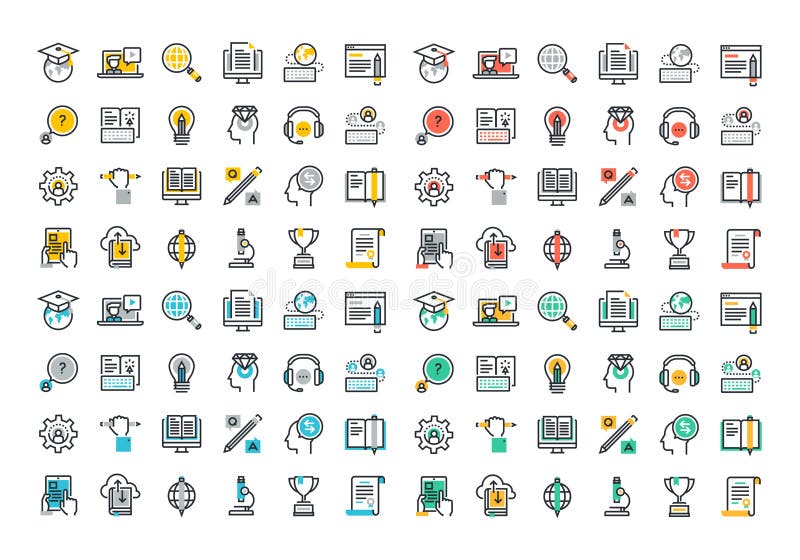 Flache Linie bunte Ikonensammlung des E-Learnings vektor abbildung