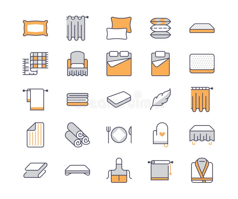 Bedding flat line icons. Orthopedics mattresses, bedroom linen, pillows, sheets set, blanket and duvet illustrations. Thin signs for interior store. Bedding flat line icons. Orthopedics mattresses, bedroom linen, pillows, sheets set, blanket and duvet illustrations. Thin signs for interior store.