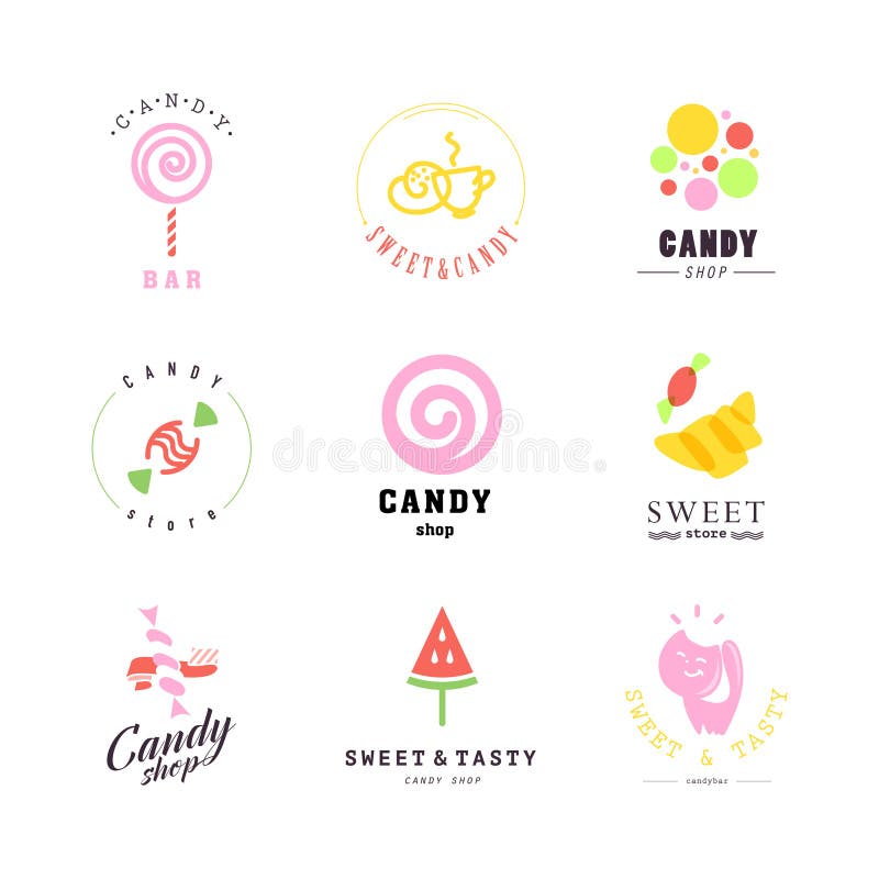 Flache Logosammlung des Vektors für Süßigkeitsshop und süßen Speicher