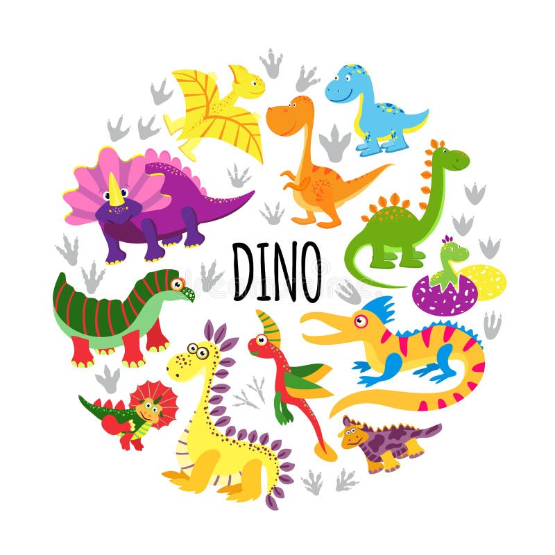 Flache nette lustige Dinosaurier ringsum Konzept vektor abbildung Flache nette lustige Dinosaurier ringsum Konzept vektor abbildung