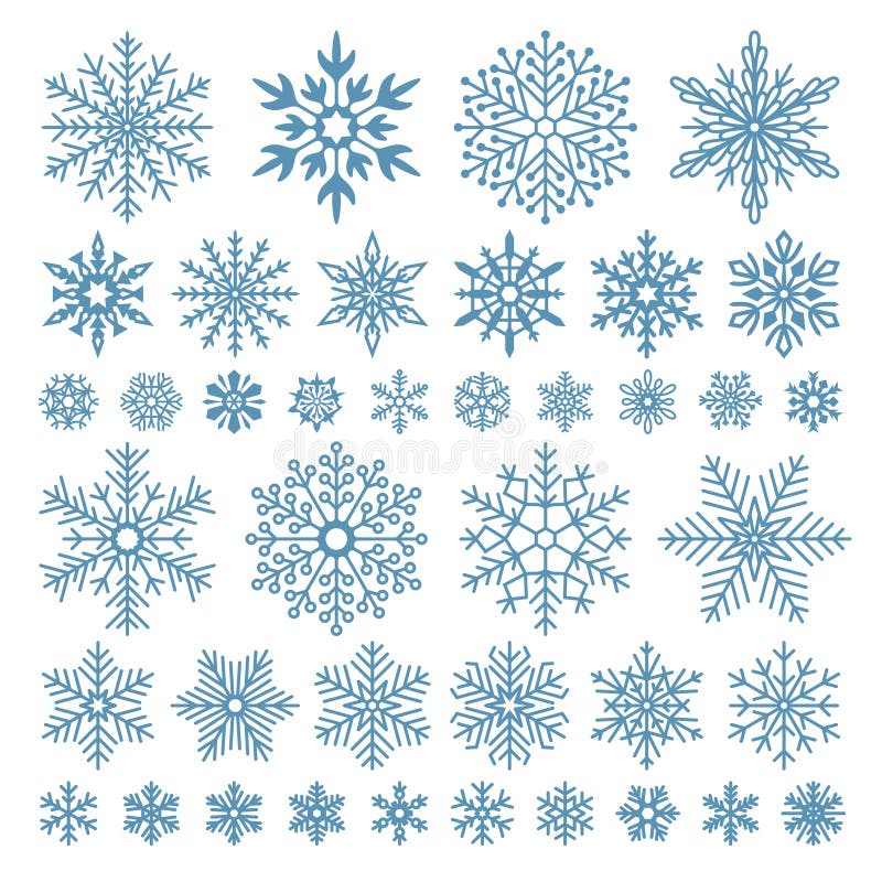 Flache Schneeflocken Winterschneeflockenkristalle, Weihnachtsschneeformen und bereifter kühler Ikonenvektorsymbolsatz
