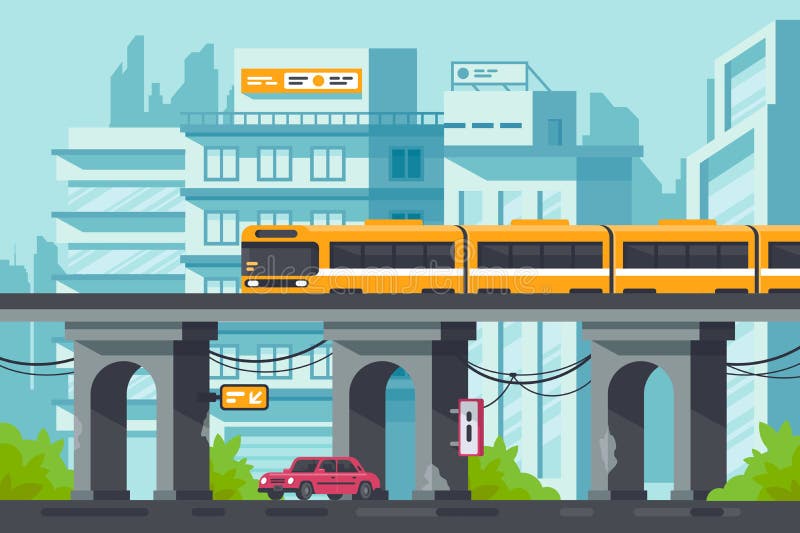 Flache Straße mit Straße und Auto unter erhöhter Metro mit elektrischem Zug lizenzfreie abbildung Flache Straße mit Straße und Auto unter erhöhter Metro mit elektrischem Zug lizenzfreie abbildung