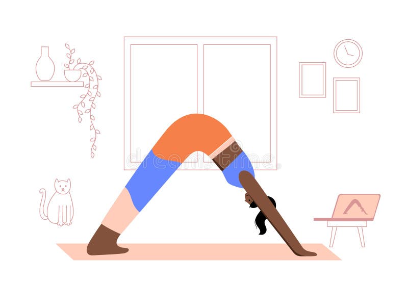 Happy woman performs online yoga exercise at home with laptop In her room with a cat. Adult afro woman cartoon character. Flat colorful vector illustration. Healthy lifestyle concept for poster. Happy woman performs online yoga exercise at home with laptop In her room with a cat. Adult afro woman cartoon character. Flat colorful vector illustration. Healthy lifestyle concept for poster.