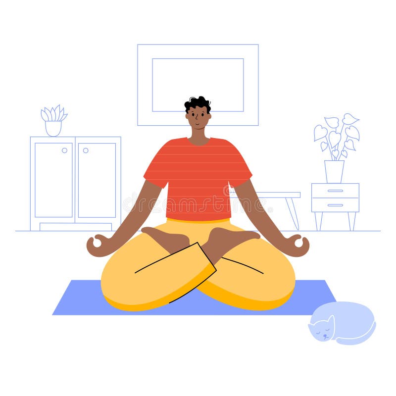 Happy man performs online yoga exercise at home office with a cat. Adult afro male cartoon character. Flat colorful vector illustration. Healthy lifestyle concept for posters and banners. Happy man performs online yoga exercise at home office with a cat. Adult afro male cartoon character. Flat colorful vector illustration. Healthy lifestyle concept for posters and banners.