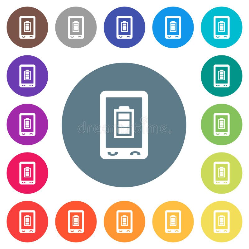 Flache weiße Symbole des mobilen Batteriestatus auf Runden Farbhintergründen vektor abbildung