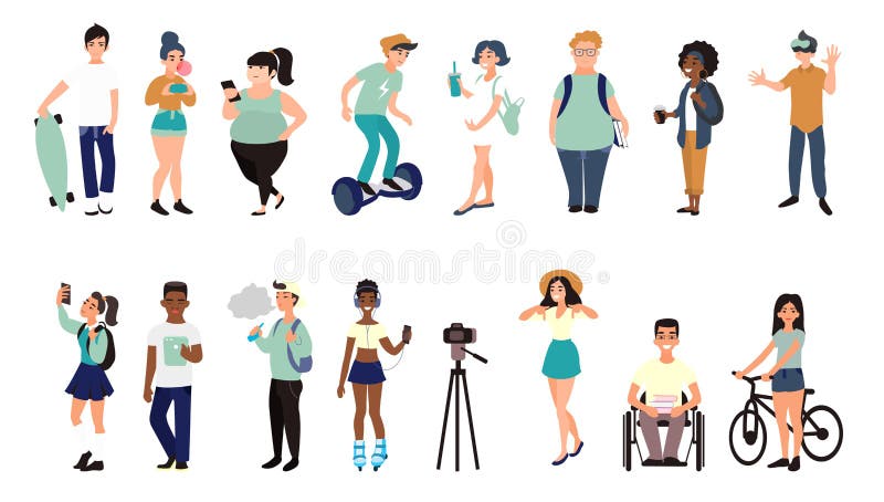 Cartoon flat multiracial teens. Group of international students with gadgets. Teenager activities concept. Cartoon flat multiracial teens. Group of international students with gadgets. Teenager activities concept