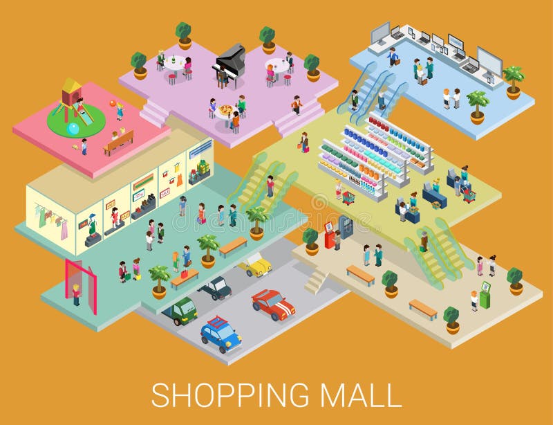 Flat 3d isometric shopping mall concept vector. City shopping center, boutique gallery indoor interior floors with walking shoppers. Sale, entertainment, multi-use, retail store business concept. Flat 3d isometric shopping mall concept vector. City shopping center, boutique gallery indoor interior floors with walking shoppers. Sale, entertainment, multi-use, retail store business concept.