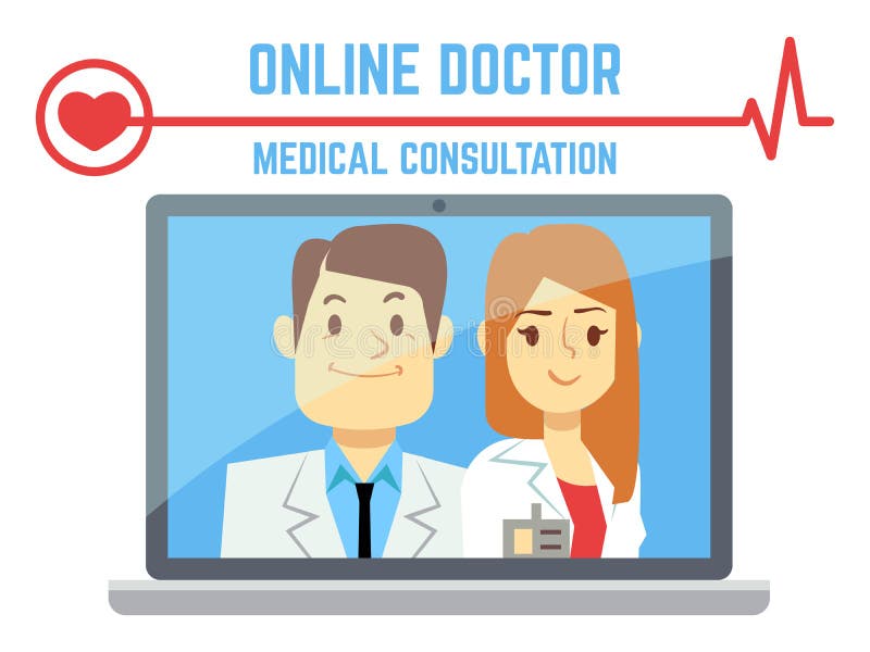 Flacher Mann und weiblicher on-line-Doktor, Internet-Computergesundheitsdienst lizenzfreie abbildung Flacher Mann und weiblicher on-line-Doktor, Internet-Computergesundheitsdienst lizenzfreie abbildung