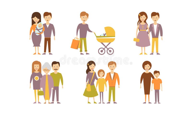 Flacher Vektorsatz Familienporträts Eltern mit neugeborenem, Mutter mit Sohn, Mann mit Baby, junges Paar stock abbildung Flacher Vektorsatz Familienporträts Eltern mit neugeborenem, Mutter mit Sohn, Mann mit Baby, junges Paar stock abbildung