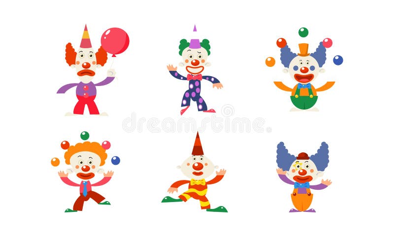 Flacher Vektorsatz von 6 lustigen Clownen in den verschiedenen Aktionen Zirkuskünstler mit bunten Perücken und Make-up auf Gesich stock abbildung Flacher Vektorsatz von 6 lustigen Clownen in den verschiedenen Aktionen Zirkuskünstler mit bunten Perücken und Make-up auf Gesich stock abbildung