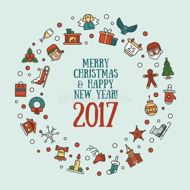 Flaches Design der frohen Weihnachten und des guten Rutsch ins Neue Jahr kardieren illistration lizenzfreie abbildung Flaches Design der frohen Weihnachten und des guten Rutsch ins Neue Jahr kardieren illistration lizenzfreie abbildung