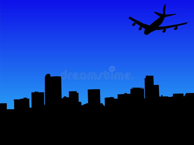 Four engine plane flying to Denver skyline. Four engine plane flying to Denver skyline