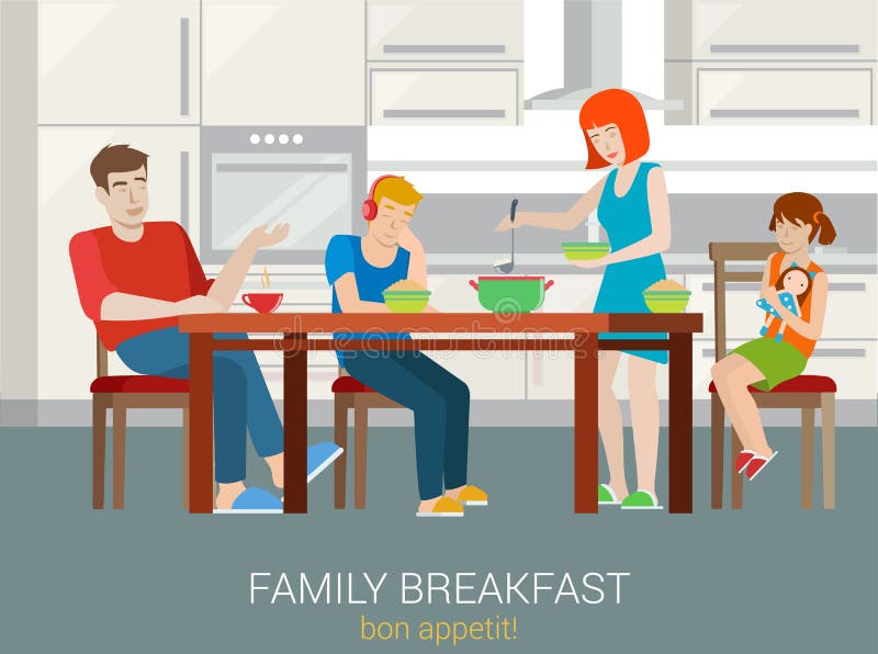 Flaches Vektorfamilien-Frühstückskonzept: erzieht Kinderabendessen stock abbildung Flaches Vektorfamilien-Frühstückskonzept: erzieht Kinderabendessen stock abbildung