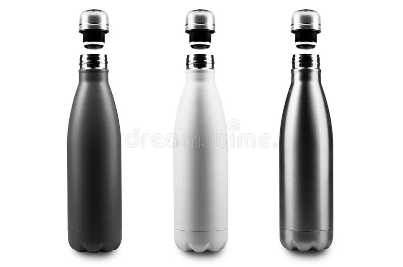Flacoane termosupresor alb-negru și argintiu, cu dispozitiv de acoperire și capac de sus pentru apă sau alt lichid. sticlă de oțel royalty free illustration