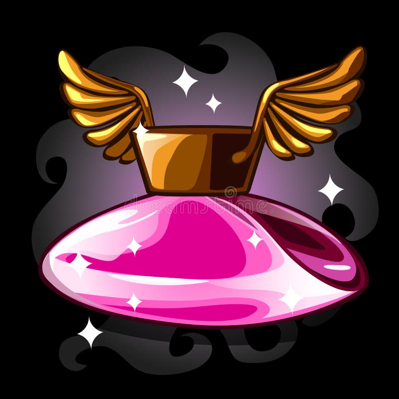Flacon com líquido cor-de-rosa, tampão com as asas nas faíscas nubla-se Garrafa feericamente com poção mágica Imagem no estilo do ilustração stock Flacon com líquido cor-de-rosa, tampão com as asas nas faíscas nubla-se Garrafa feericamente com poção mágica Imagem no estilo do ilustração stock
