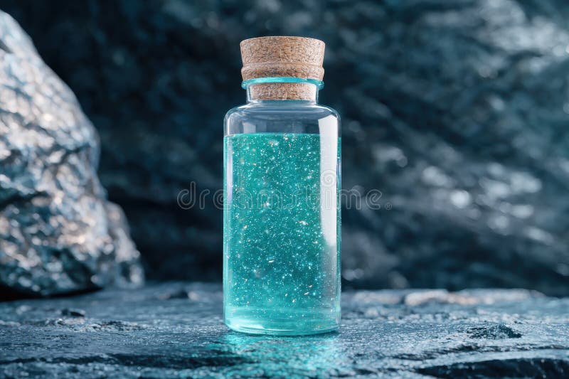 Flacon din sticlă brună cu dop din plută umplut cu lichid turcoaz brun stock illustration