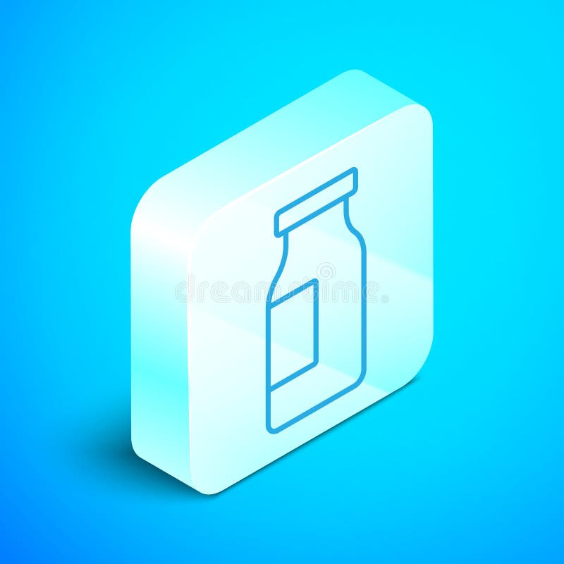Flacon din sticlă închisă cu linie izometrică cu pictogramă din lapte izolată pe fond albastru. buton pătrat de argint. vector vector illustration