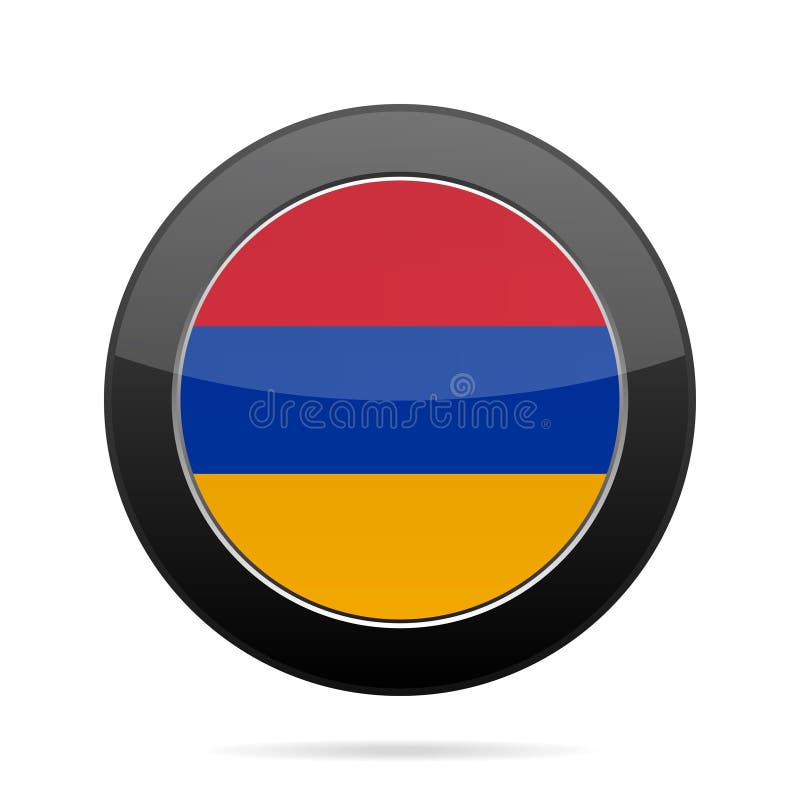 Round button with metal frame. Illustration of flag of Russia