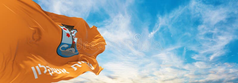 Flag of Ashkelon , Israel at Cloudy Sky Background on Sunset, Panoramic ...