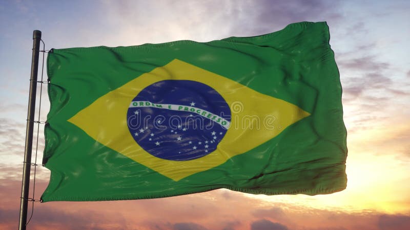 Flag of Brazil waving in the wind against deep beautiful sky at sunset vector illustration