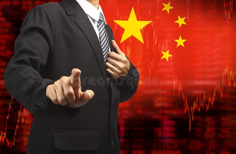 Flag of China downtrend stock data diagram with business man pushing vector illustration Flag of China downtrend stock data diagram with business man pushing vector illustration
