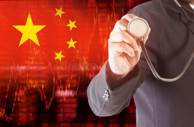 Flag of China downtrend stock data diagram with businessman holding a stethoscope vector illustration Flag of China downtrend stock data diagram with businessman holding a stethoscope vector illustration