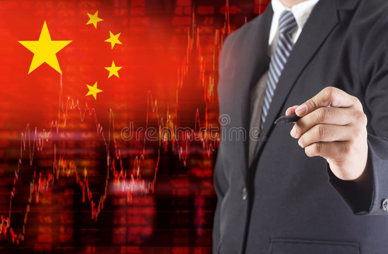 Flag of China downtrend stock data diagram with businessman writing royalty free illustration Flag of China downtrend stock data diagram with businessman writing royalty free illustration