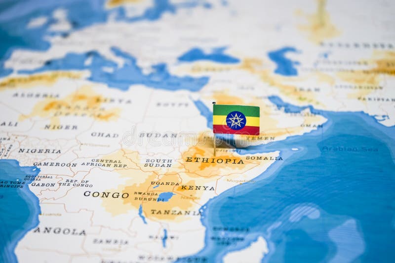 The Flag of Ethiopia in the World Map stock images
