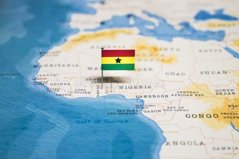 The Flag of Ghana in the World Map royalty free stock photos