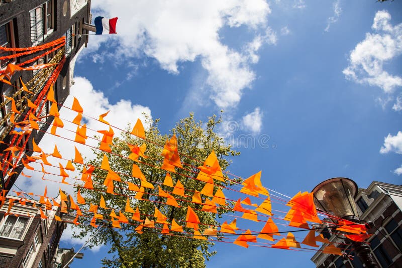 Flag and decorations on King`s day in Amsterdam stock photography Flag and decorations on King`s day in Amsterdam stock photography