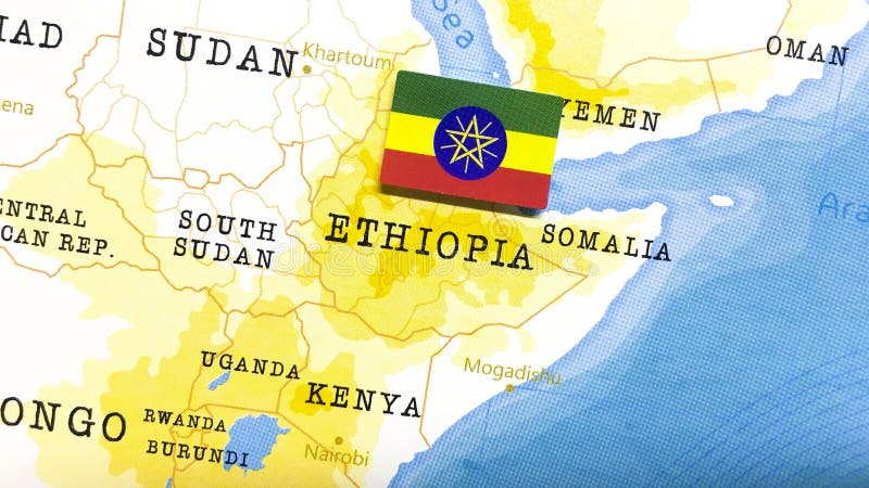 The Flag of Ethiopia in the World Map stock image