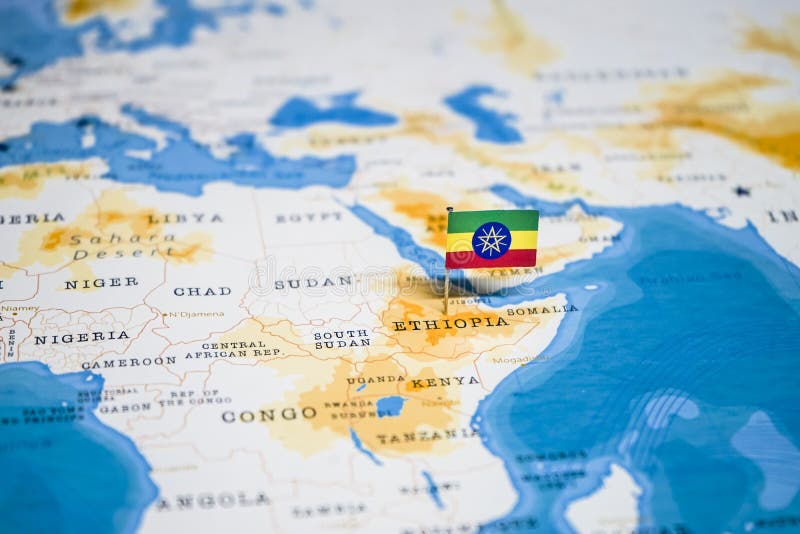 The Flag of Ethiopia in the World Map royalty free stock images