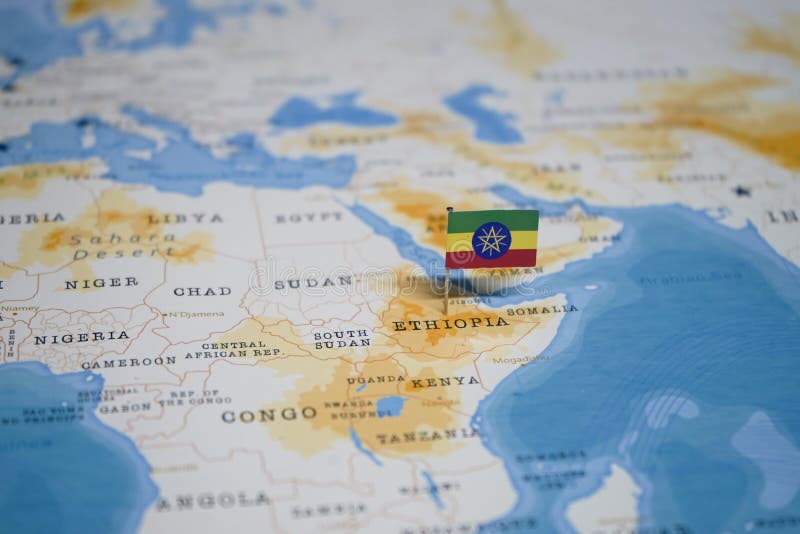 The Flag of ethiopia in the world map stock images