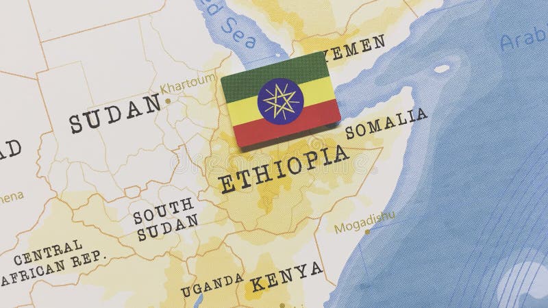 The Flag of Ethiopia in the World Map royalty free stock photo