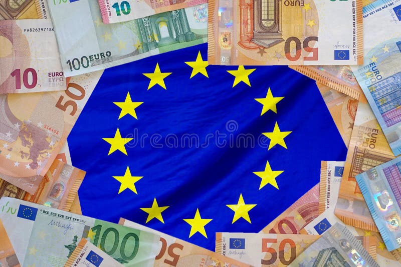 Flag of European Union on the Euro banknotes background